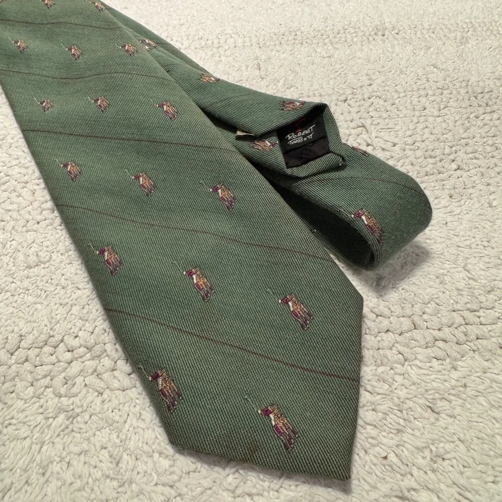 Vintage Robert Talbott Tie Green Repp Silk Cotton Polo AOP England Nordstrom